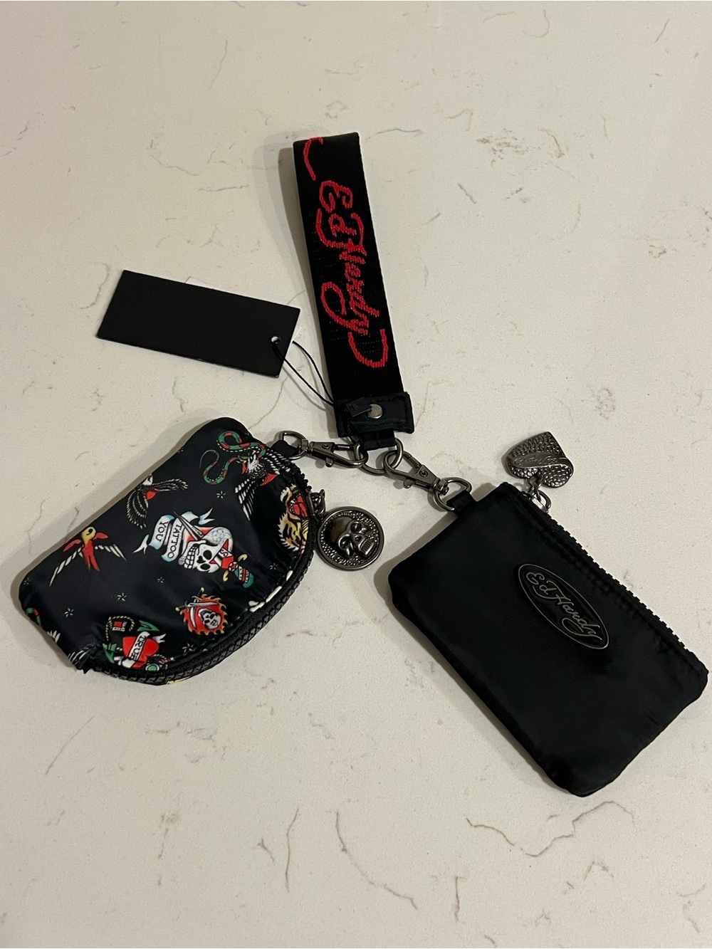 ED HARDY Black Lanyard Wristlet Coin Purse Wallet Set 3Pc Lot Skull Dagger Y2K